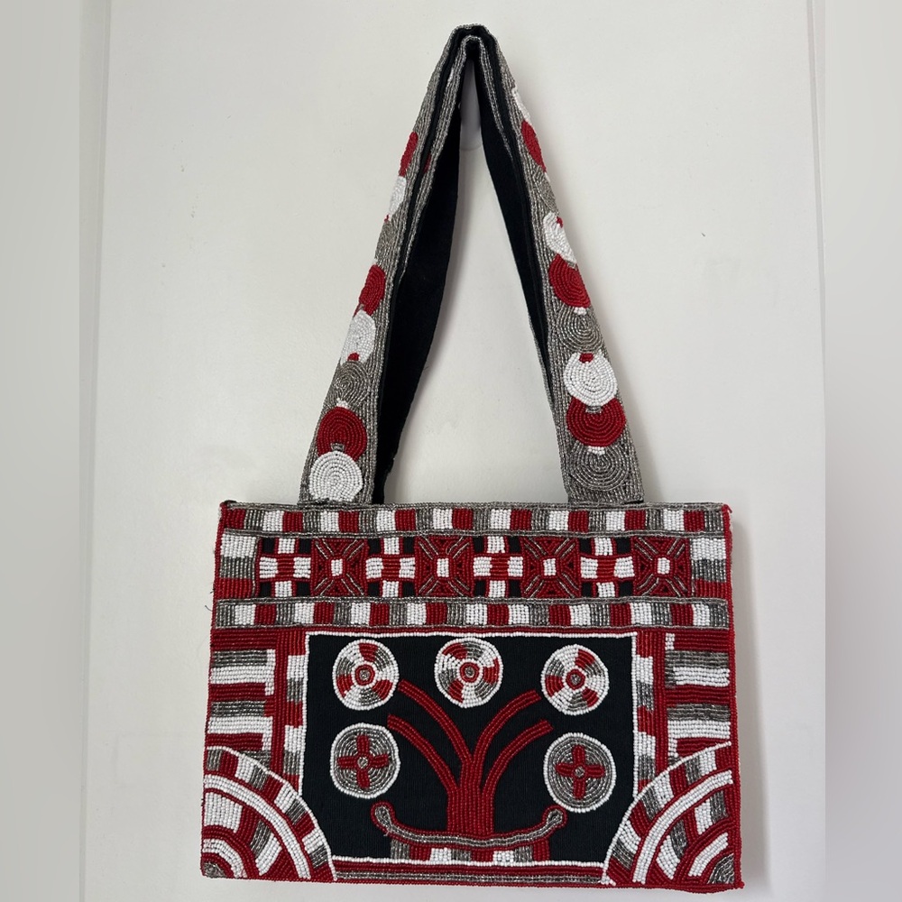Beaded Red, White, and Black Patterned Bag